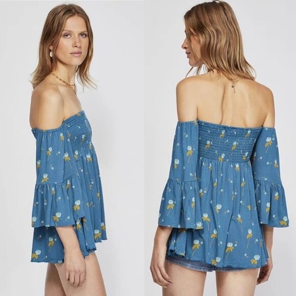 NWT Free People Lana Off Shoulder Mermaid Tunic Blue Size XS Bohemian Boho Top - Picture 3 of 8